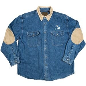 Reel Legends Mens XL Denim Fishing Shirt Corduroy Collar Elbow Patches Marlin